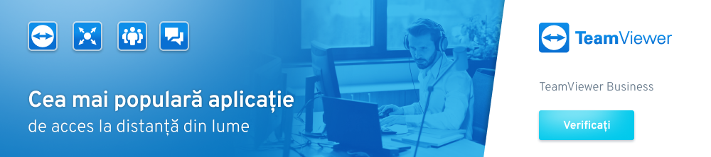 Un banner TeamViewer predominant albastru, cu patru pictograme de funcționalități în stânga sus (săgeți bidirecționale, X, oameni, balon de vorbire) și un bărbat cu căști lucrând la un laptop în fundal, în dreapta. Textul pe banner spune "Cea mai populară aplicație de acces la distanță din lume". În partea dreaptă a imaginii, logoul TeamViewer și textul "TeamViewer Business" sunt vizibile deasupra unui buton albastru "Verificați".