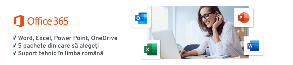 O femeie zâmbind, lucrând la un laptop, înconjurată de logourile aplicațiilor Microsoft 365: Outlook, Excel, PowerPoint și Word. Textul alăturat menționează "Office 365", "Word, Excel, PowerPoint, OneDrive", "5 pachete din care să alegeți" și "Suport tehnic în limba română".