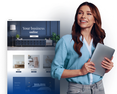 Femeie zâmbitoare cu tabletă, lângă o captură de ecran a unui site web; text promoțional: Ofertă: Domenii disponibile de la 1,19 € cu TVA inclus. Află mai multe pe ionos.ro