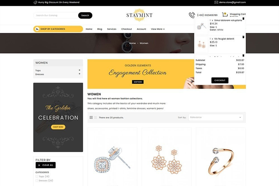 Șablon magazin online pentru bijuterii – temă Staymint cu meniu și produse afișate