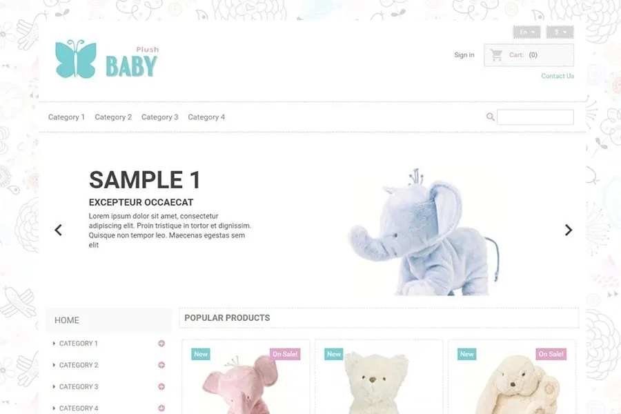 Ukážka dizajnu e-shopu s hračkami pre bábätká v PrestaShope